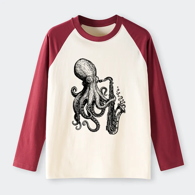 Tokyo-Tiger Octopus Playing Saxophone Raglan Long Sleeve T-shirt