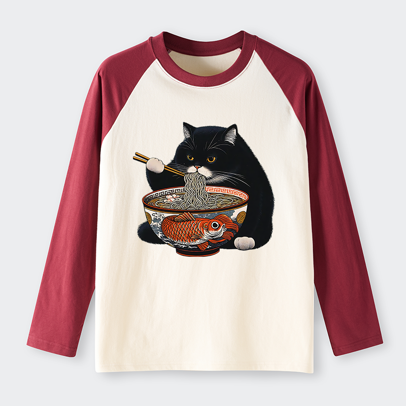 Tokyo-Tiger Fat Cat Eating Ramen Raglan Long Sleeve T-shirt