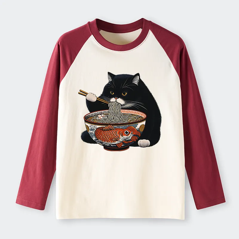 Tokyo-Tiger Fat Cat Eating Ramen Raglan Long Sleeve T-shirt