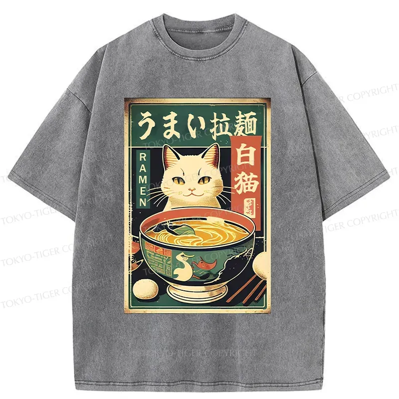 Tokyo-Tiger White Cat Eating Ramen Washed T-Shirt