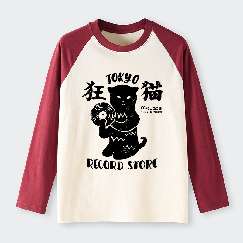 Tokyo-Tiger Tokyo Record Store Cat CD Raglan Long Sleeve T-shirt