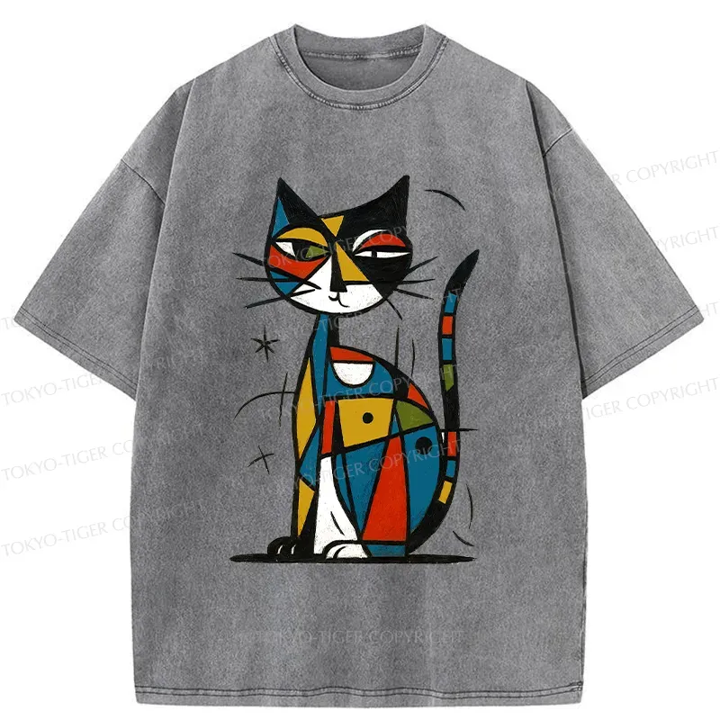 Tokyo-Tiger Abstract Japanese Cat Washed T-Shirt