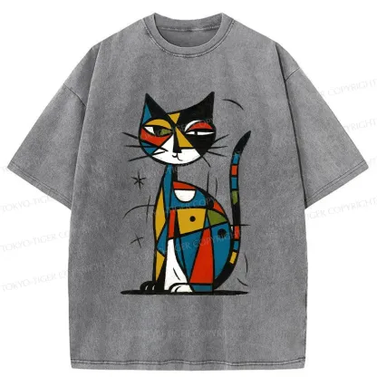 Tokyo-Tiger Abstract Japanese Cat Washed T-Shirt