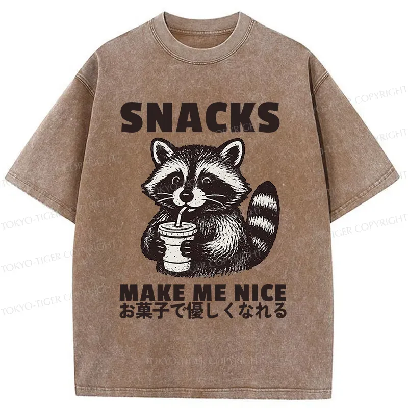 Tokyo-Tiger Raccoon Eating Snacks Washed T-Shirt