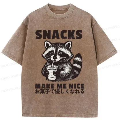 Tokyo-Tiger Raccoon Eating Snacks Washed T-Shirt