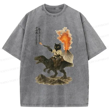 Tokyo-Tiger Cat Riding A Dinosaur Washed T-Shirt