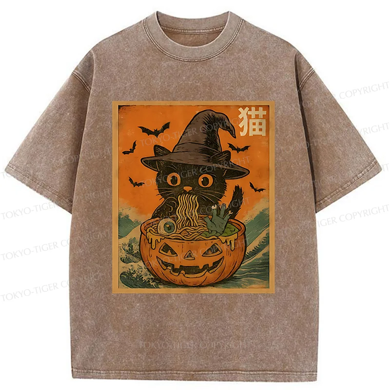 Tokyo-Tiger Halloween Cat Eating Ramen Washed T-Shirt