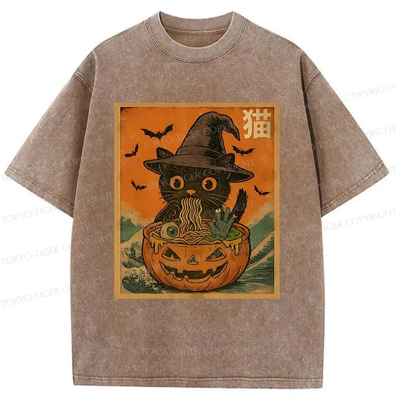 Tokyo-Tiger Halloween Cat Eating Ramen Washed T-Shirt