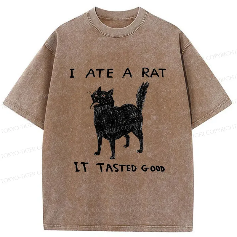 Tokyo-Tiger Cat Tasting Delicious Mouse Washed T-Shirt