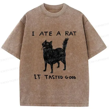 Tokyo-Tiger Cat Tasting Delicious Mouse Washed T-Shirt