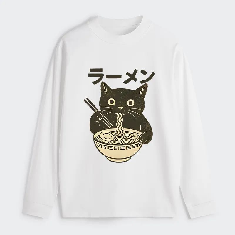 Tokyo-Tiger Simple Black Cat Eating Ramen Classic Long Sleeve T-Shirt
