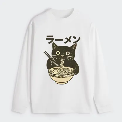 Tokyo-Tiger Simple Black Cat Eating Ramen Classic Long Sleeve T-Shirt