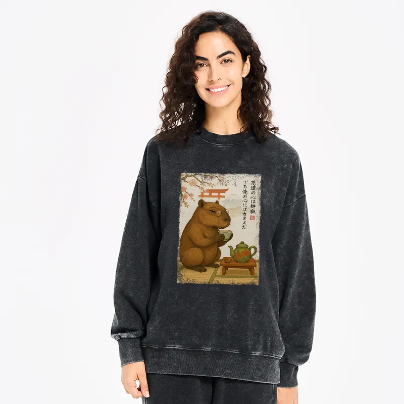Tokyo-Tiger Tea Time With a Capybara Washed Sweatshirt
