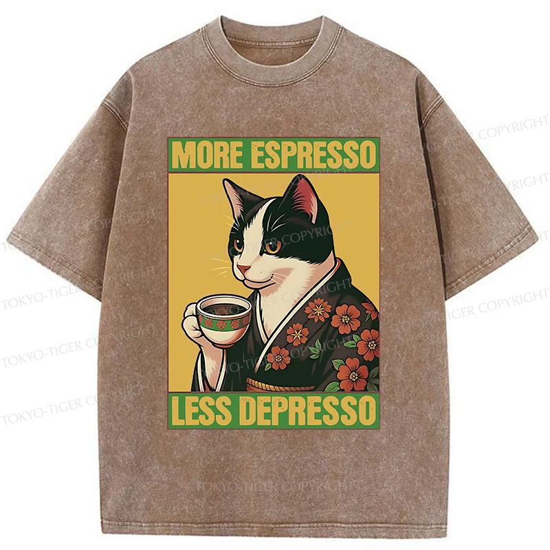 Tokyo-Tiger Tuxedo Cat Drinking Coffee Washed T-Shirt
