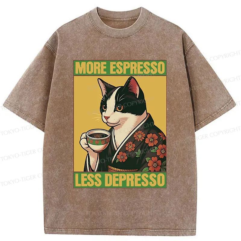 Tokyo-Tiger Tuxedo Cat Drinking Coffee Washed T-Shirt