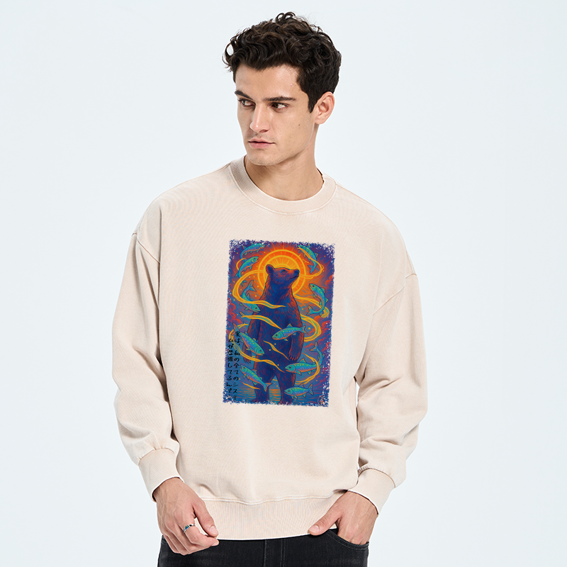 Tokyo-Tiger Ukiyoe Bear and Fish Vintage Poster Washed Sweatshirt