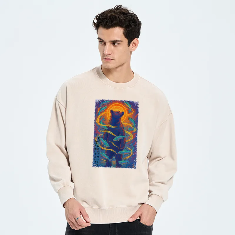 Tokyo-Tiger Ukiyoe Bear and Fish Vintage Poster Washed Sweatshirt