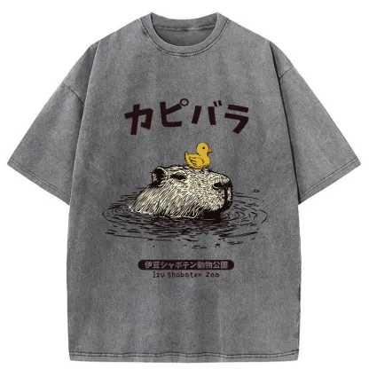 Tokyo-Tiger Relaxed Hot Spring Capybara Washed T-Shirt