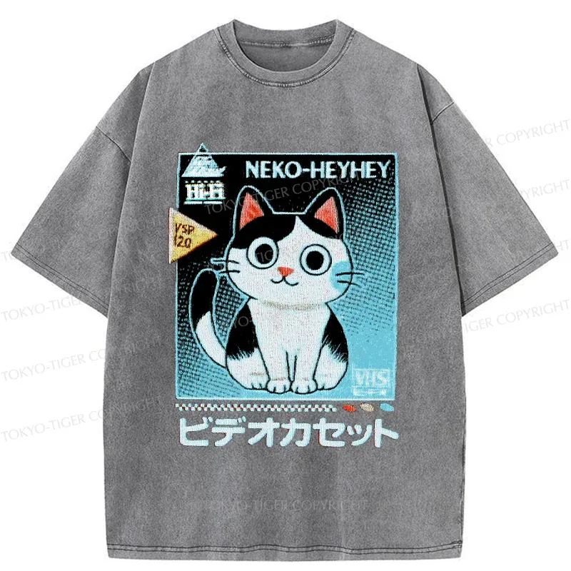 Tokyo-Tiger Retro Cat Videos Washed T-Shirt