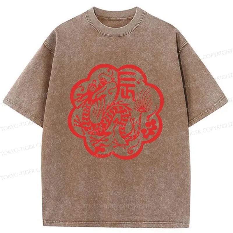 Tokyo-Tiger Dragon Paper Cutting Washed T-Shirt