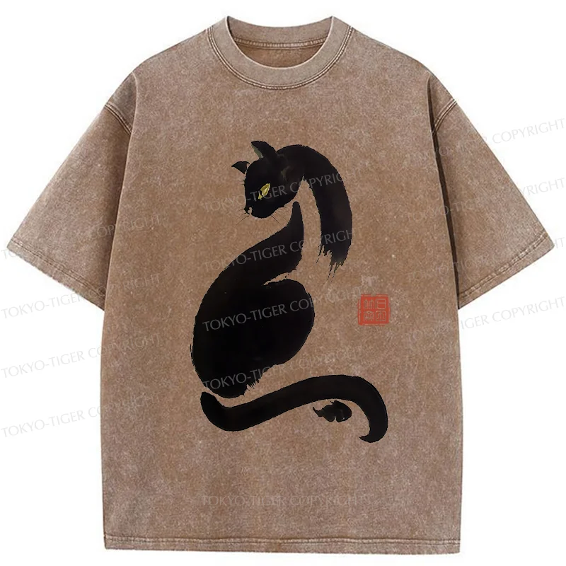Tokyo-Tiger Elegant Black Cat Washed T-Shirt