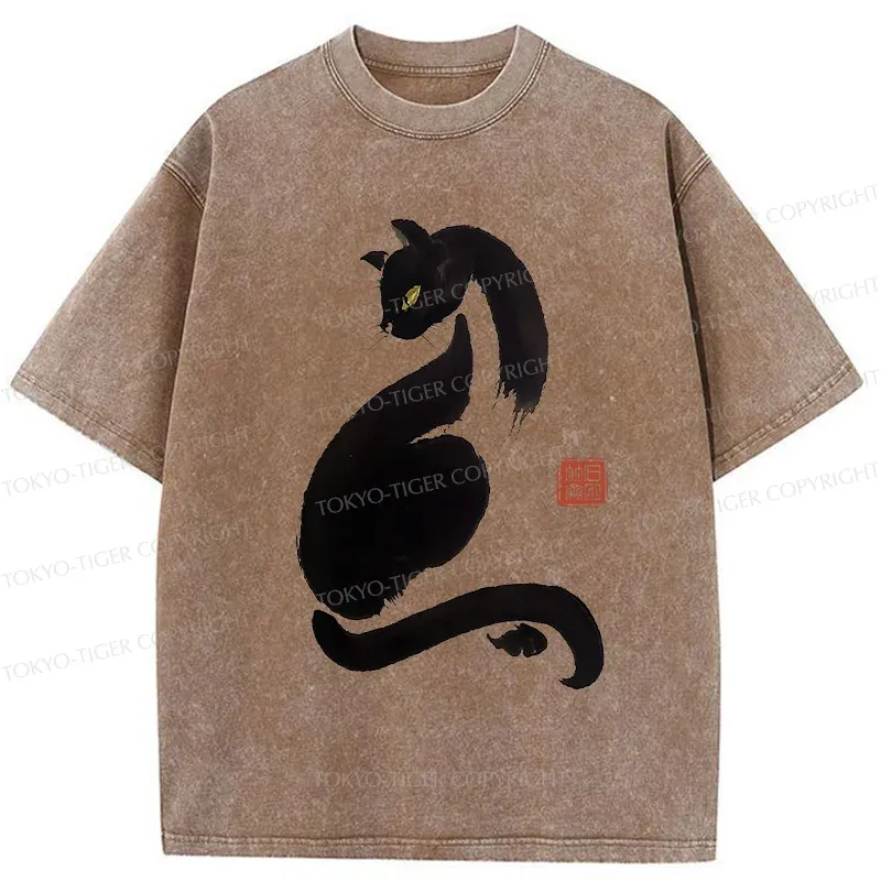Tokyo-Tiger Elegant Black Cat Washed T-Shirt