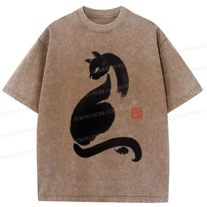 Tokyo-Tiger Elegant Black Cat Washed T-Shirt