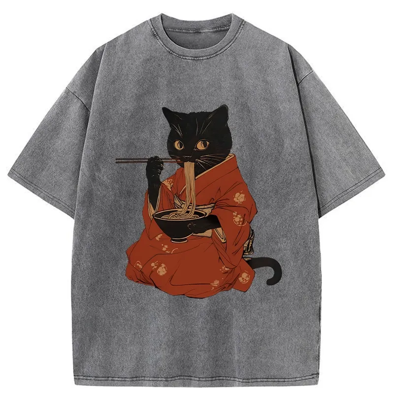 Tokyo-Tiger Cat Addicted To Ramen Washed T-Shirt