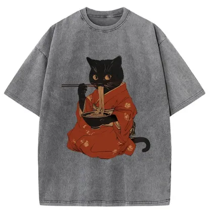 Tokyo-Tiger Cat Addicted To Ramen Washed T-Shirt