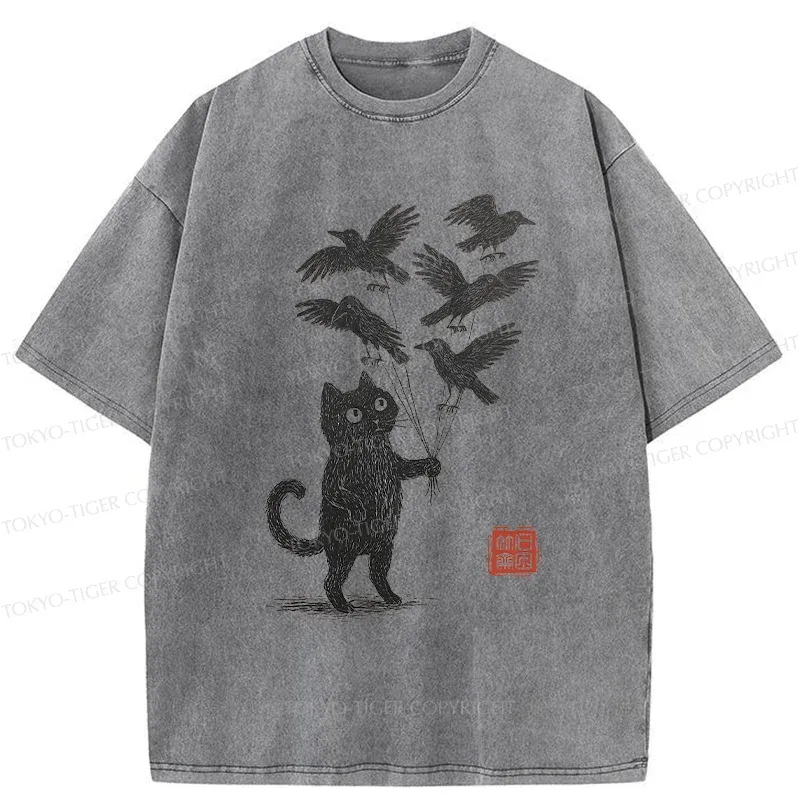 Tokyo-Tiger Cat And The Captured Crow Washed T-Shirt