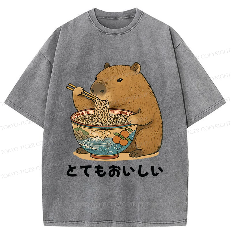 Tokyo-Tiger Capybara Eating Ramen Japan Washed T-Shirt