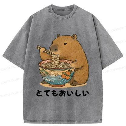 Tokyo-Tiger Capybara Eating Ramen Japan Washed T-Shirt