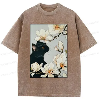 Tokyo-Tiger Cat Under Magnolia Blossoms Washed T-Shirt