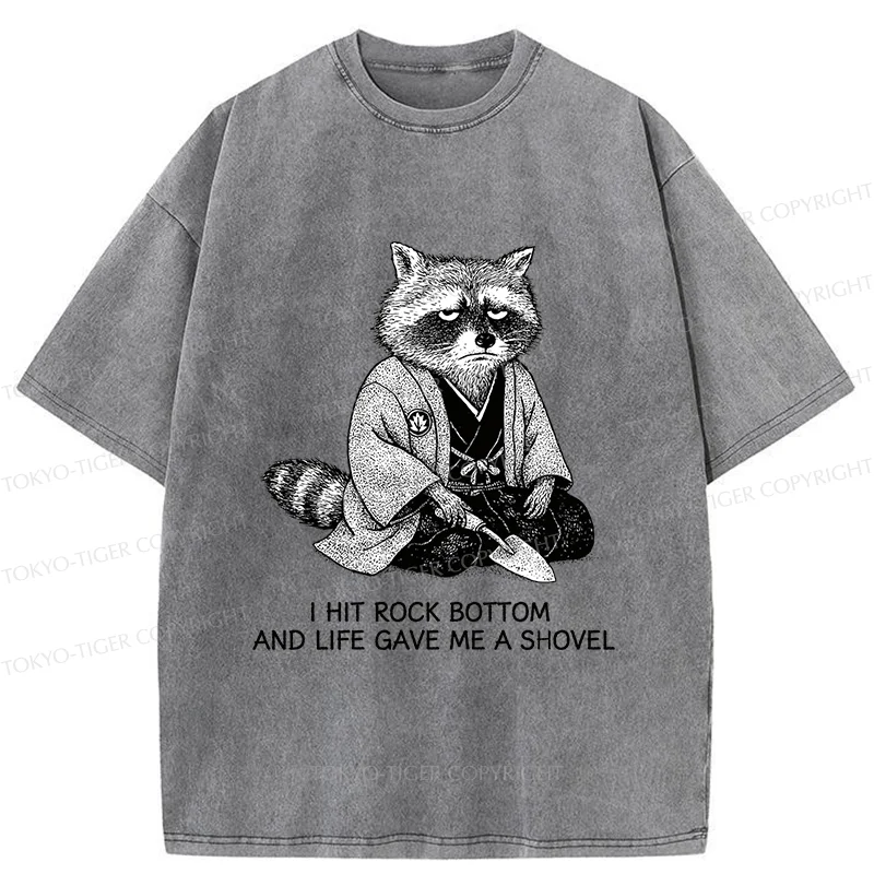 Tokyo-Tiger Raccoon Holding A Shovel Funny Washed T-Shirt