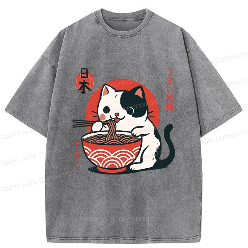Tokyo-Tiger Cute Kitten Eating Ramen Washed T-Shirt