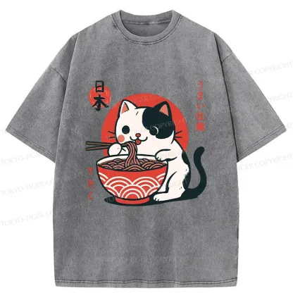 Tokyo-Tiger Cute Kitten Eating Ramen Washed T-Shirt