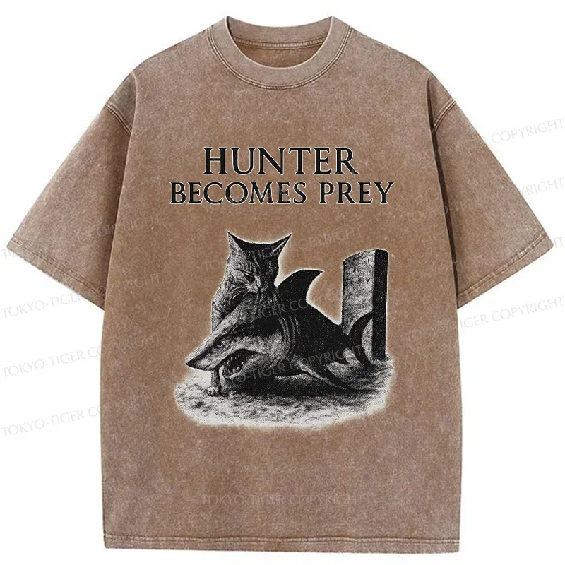 Tokyo-Tiger Cat Eats Shark Washed T-Shirt