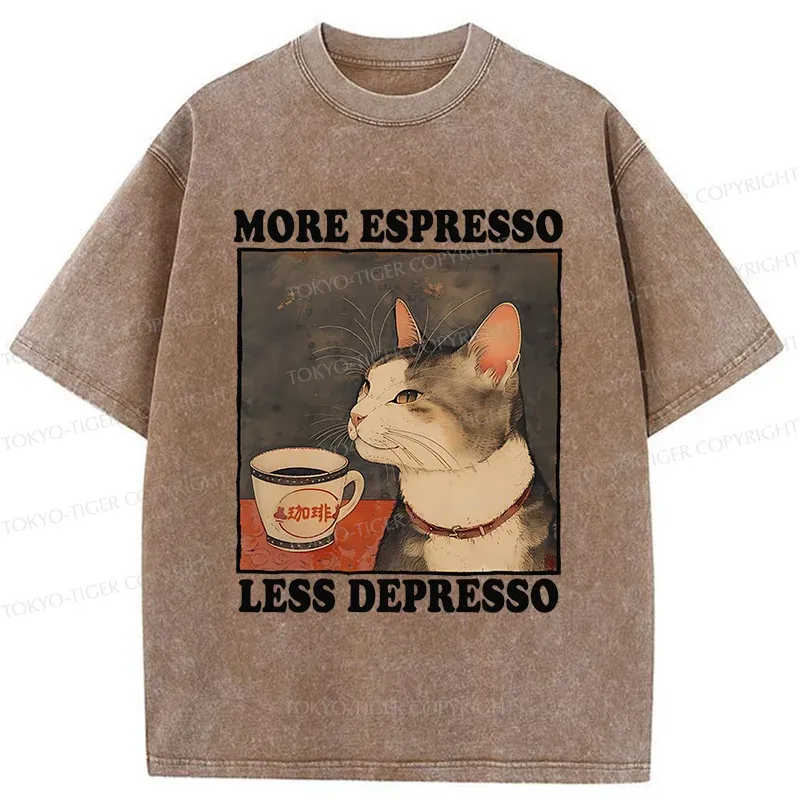 Tokyo-Tiger Cute Cat Drinking Coffee Washed T-Shirt