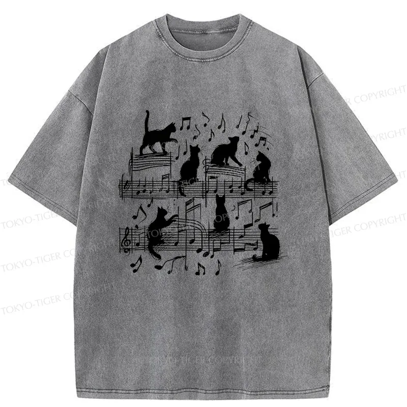 Tokyo-Tiger Cat Scratching Sheet Music Washed T-Shirt