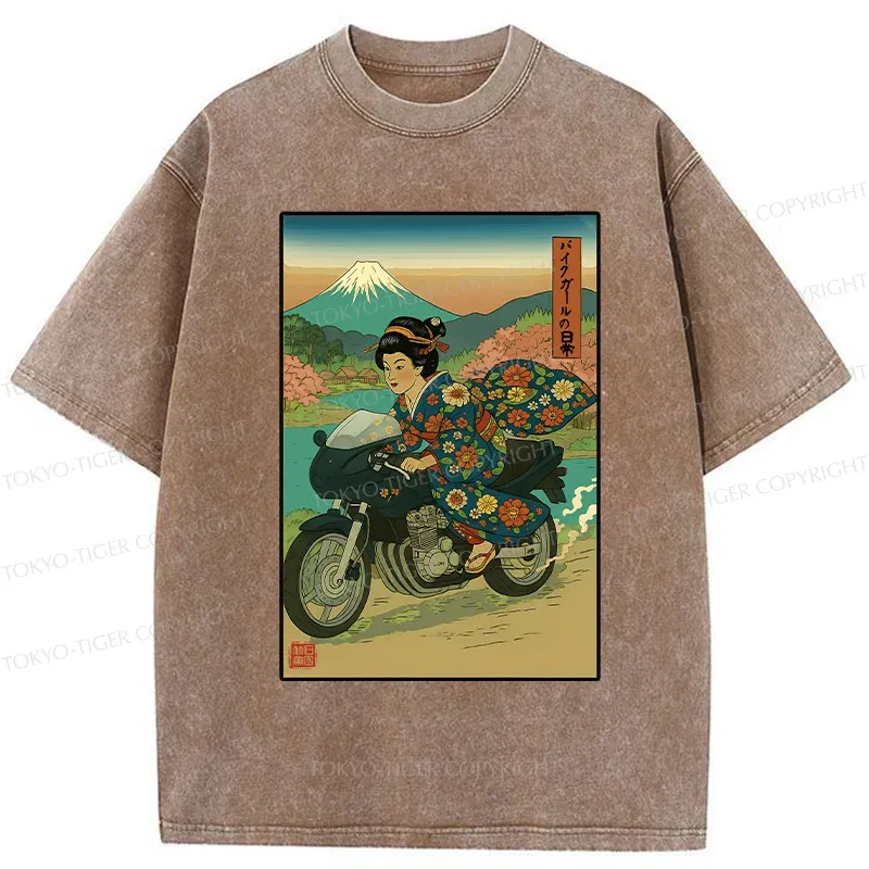 Tokyo-Tiger Geisha Riding A Motorcycle Washed T-Shirt Sale