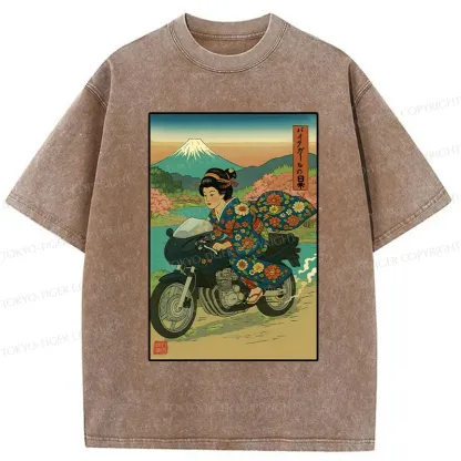 Tokyo-Tiger Geisha Riding A Motorcycle Washed T-Shirt