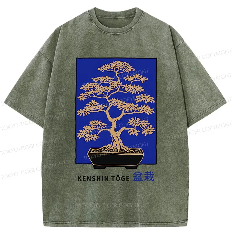 Tokyo-Tiger Japanese Bonsai Woodcut Washed T-Shirt