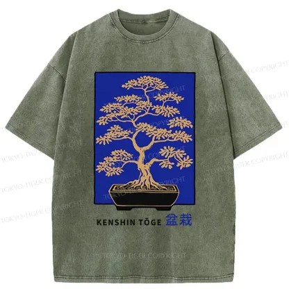 Tokyo-Tiger Japanese Bonsai Woodcut Washed T-Shirt
