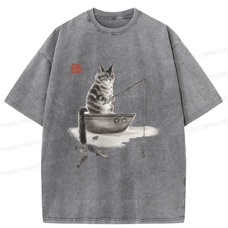 Tokyo-Tiger Cat Fishing Washed T-Shirt