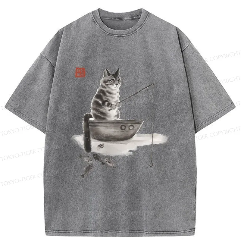 Tokyo-Tiger Cat Fishing Washed T-Shirt