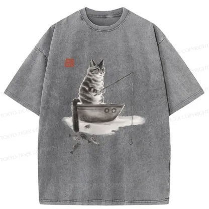 Tokyo-Tiger Cat Fishing Washed T-Shirt