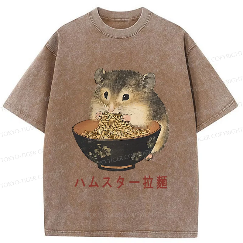Tokyo-Tiger Hamster Eating Ramen Washed T-Shirt