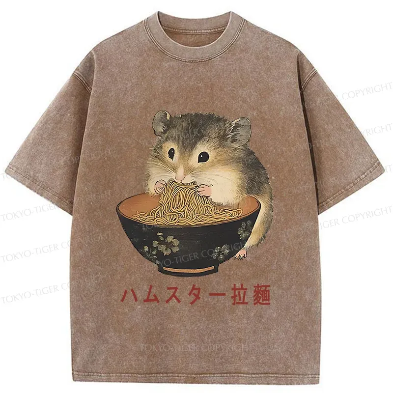 Tokyo-Tiger Hamster Eating Ramen Washed T-Shirt Sale