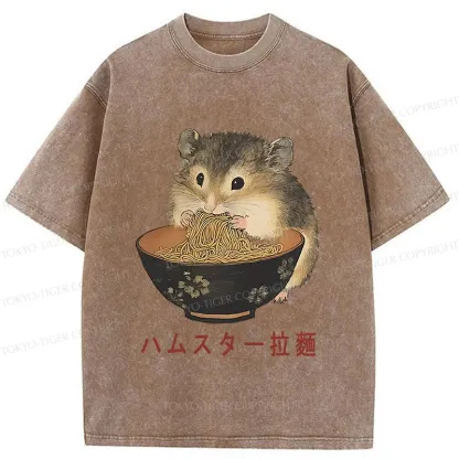 Tokyo-Tiger Hamster Eating Ramen Washed T-Shirt