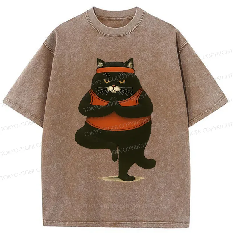 Tokyo-Tiger Black Cat Doing Yoga Washed T-Shirt